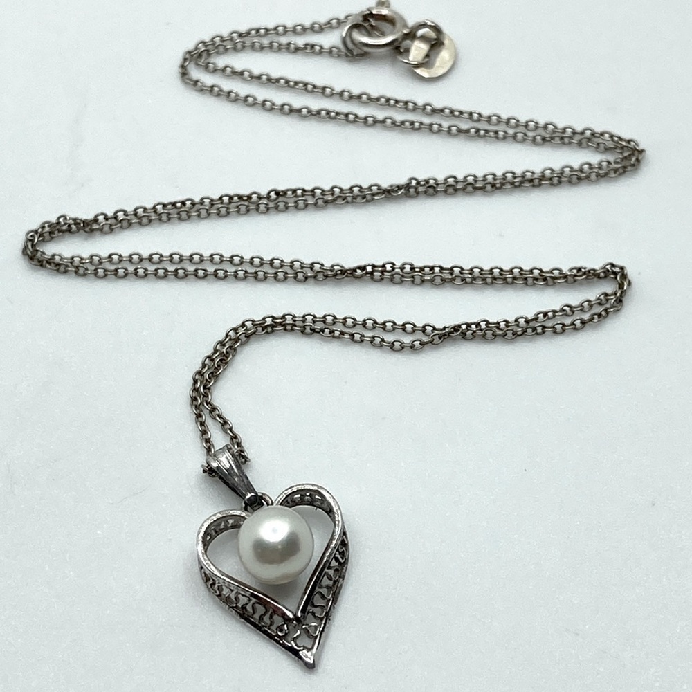 VTG Sterling Real Pearl Filigree Pendant w New 925 Italy Chain Approx 18”